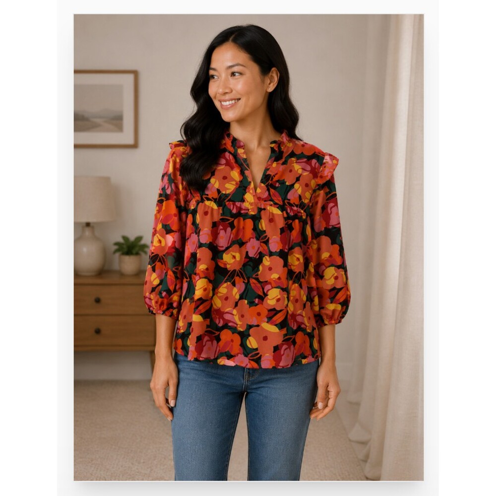 Michelle McDowell Blouse Womens Large Multicolor Floral V Neck 3/4 Sleeve Top